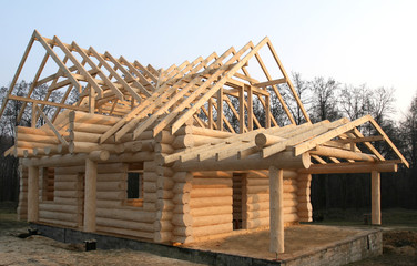 Wooden house construction. Residential architecture. 