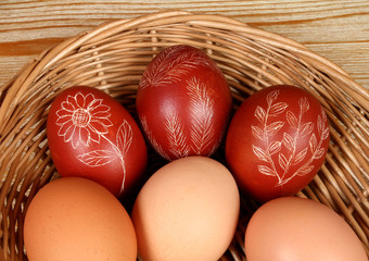 Ornate, traditional decorated Easter eggs in a basket