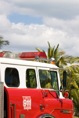 drivers cab of old red fire engine