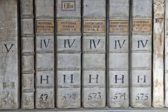 Detail of ancient book backbones - tomes about law in latin