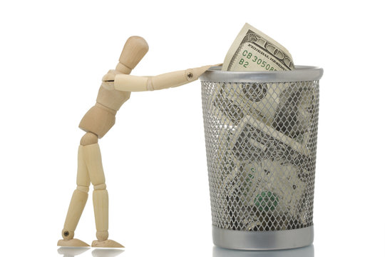 Manikin Pushing Mesh Trash Bin With Hundred Dollars Inside