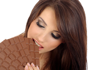 Chocolate girl. Sexy girl with a large block of chocolate
