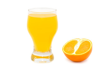 Orange and glass with juice isolated on a white background.