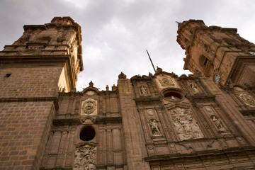 Looking Up at Towers Main Cathedral Morelia Mexico