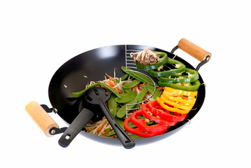 Wok cooking, vegetables on the side, white background, 