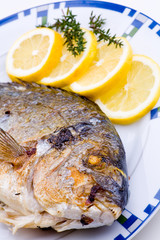 Gebratener Fisch auf Teller mit Zitrone