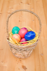 Easter basket on a wooden table.