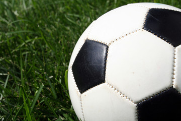 Fototapeta na wymiar A soccerball sits on a field