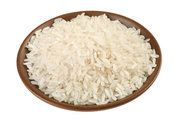 Fototapeta na wymiar Długi biały ryż na płycie samodzielnie na białym tle