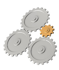 The 3d gold gear, rotating three steel gears. Objects over white