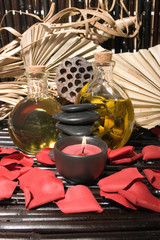 Essential body massage oils in bottles