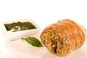 Stuffed Roast Breast of Lamb with Mint Sauce and Bay leaf