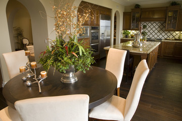 Luxury home dining room and kitchen.
