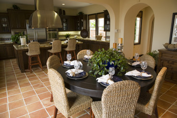 Luxury home dining table and kitchen.