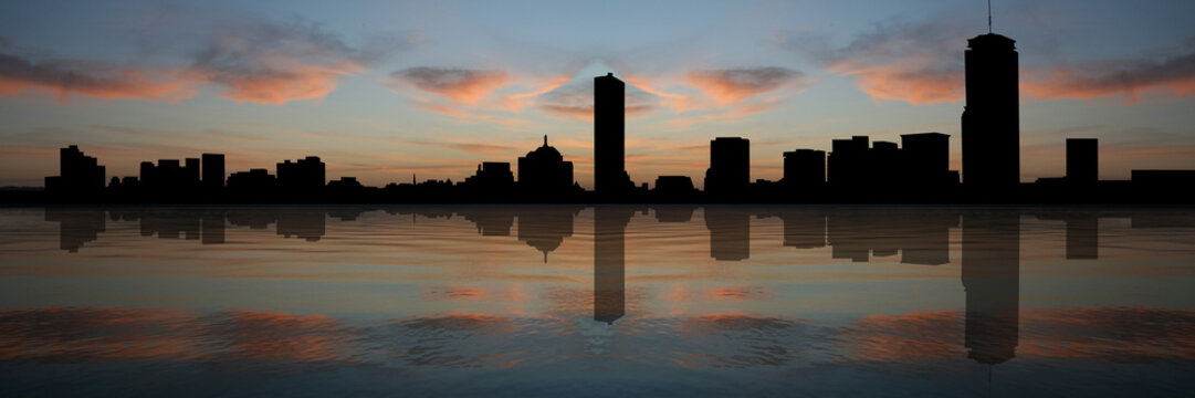 Boston skyline reflected at sunset