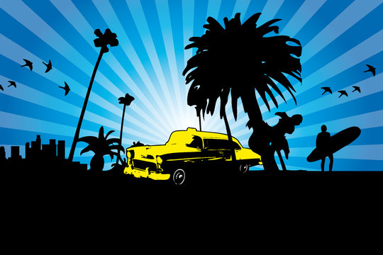 Gelbes Taxi in Kalifornien Los Angeles Skyline Palme Surfer (blau)
