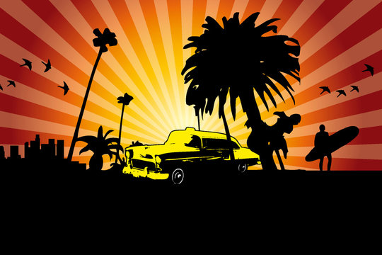 Gelbes Taxi in Kalifornien Los Angeles Skyline Palme Surfer (Sonnenuntergang)