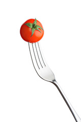 Tomato on a fork isolated on white