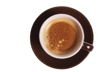 top view of cup with coffee isolated on white