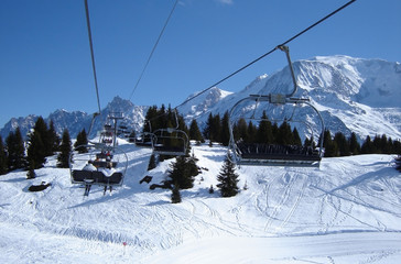 Ski lift with spectacular view of Mont Blanc mountain range