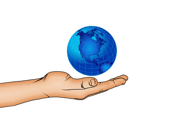 hand and blue world globe