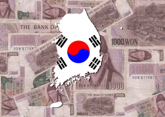 Map and flag of Korea with Won notes