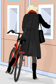woman with bicycle at ATM machine