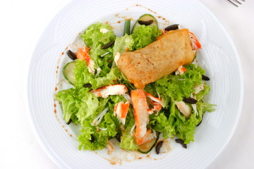 Dish from mutton, fritter, Seafoods, salad, greens,