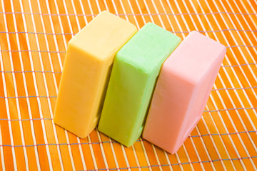 Soap on the bamboo table-cloth
