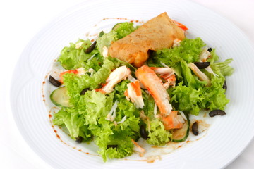 Dish from mutton, fritter, Seafoods, salad, greens,