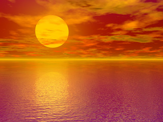 3D digital generated reddish sunset at sea