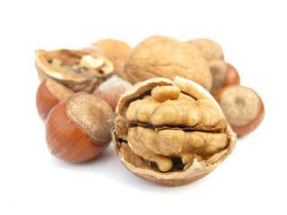Walnut and hazelnuts broken isolated on white background