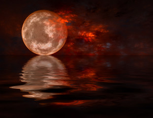 Naklejka premium Księżyc w pełni wschodzi nad wodą