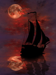 Illustration of a ship sailing  at sunset