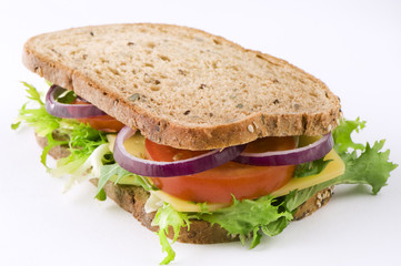 sandwich with cheese, lettuce, tomato and onion