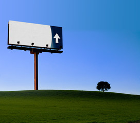 Alone billboard in a green meadow under a cloudy sky