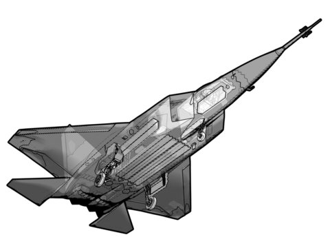Technical illustration of a YF 22 Raptor fighter Jet.