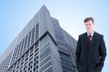 Fototapeta premium Business Man on background with modern building