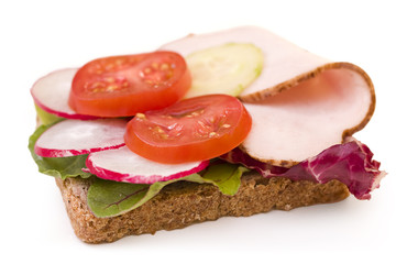 Whole wheat roasted turkey sandwich w/ tomatoes and radishes