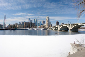 Urban Minneapolis across icy river