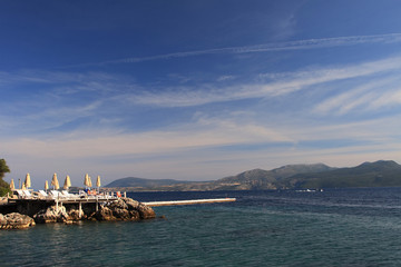 Fototapeta na wymiar Private beach of a luxurious hotel in Greece