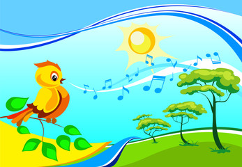 Fototapeta na wymiar Landscape with a singing birdy 