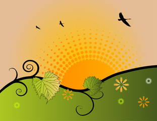 halftone sunrise with geese silhouettes