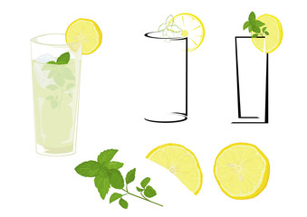 Mojito cocktail glasses, lemon and mint. 