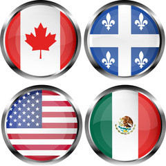 North American flag buttons - Canada, Quebec, USA and Mexico