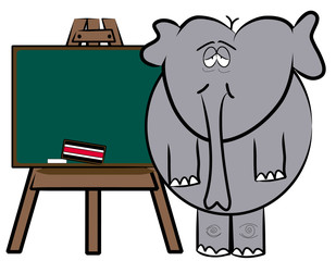 drained elephant teacher standing at easel chalkboard 
