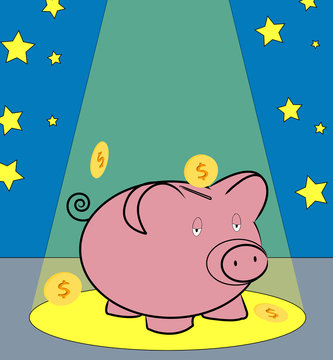 Piggy Bank With Coins Falling Around In Spotlight 