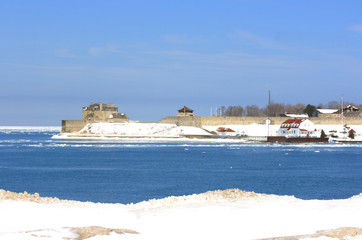 Niagara Fort at flow in point in Lake Ontario of Niagara River.