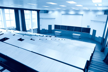 Big physics lecture hall blue tint