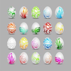 twenty white painted easter eggs on grey background